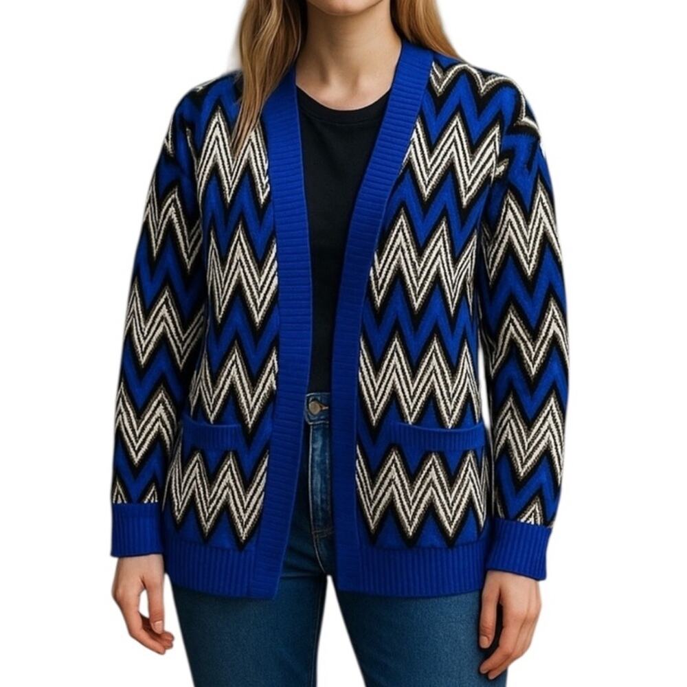 Allison Brittney Blue White Chevron Open Front Cardigan Large Knit